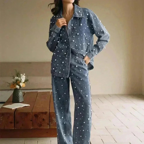 Blue Casual Women's Pearl and Rhinestone Decorated Button-Up Long Denim Blouse - Picture 3 of 7